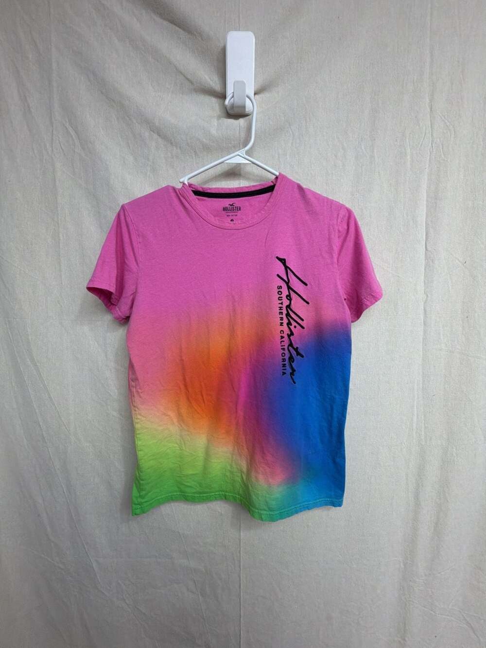 Hollister Ombre Dip Dye T-Shirt Size S Pink Blue Gradient Script Logo